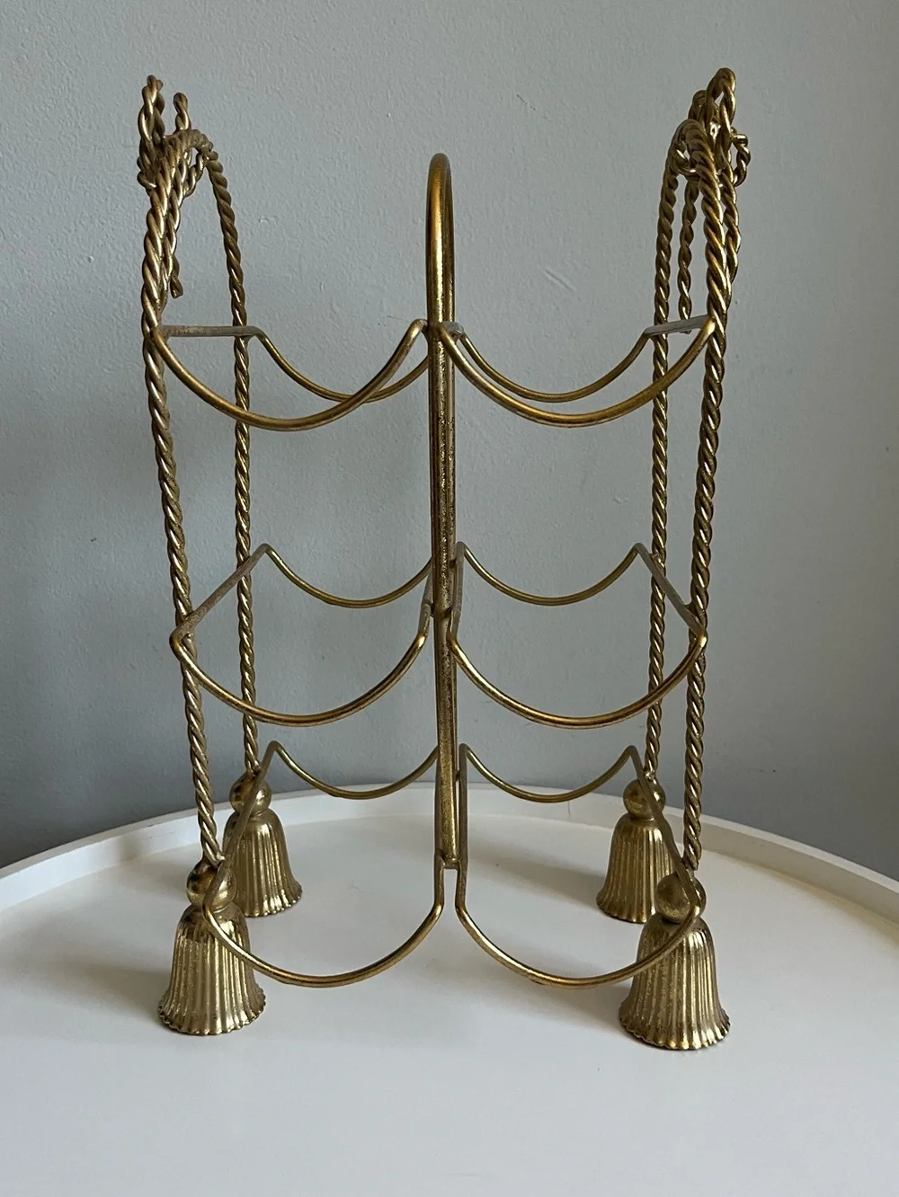 Gold Bow & Tassel Twisted Rope Design Metal Tabletop 6 Wine Bottle Holder